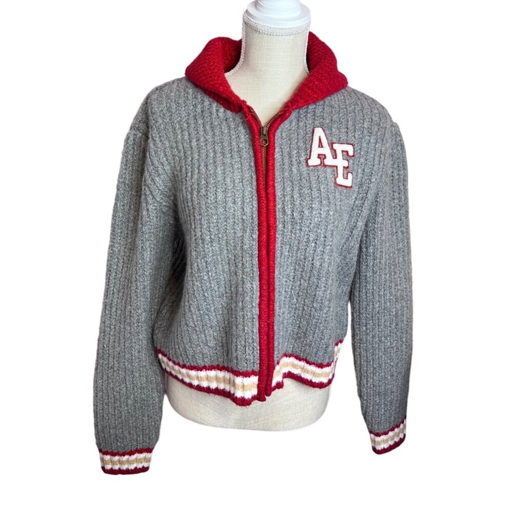 American Eagle Varsity Cropped Grey Ribbed Knit Shawl Collar Zip Sweater MED NWT